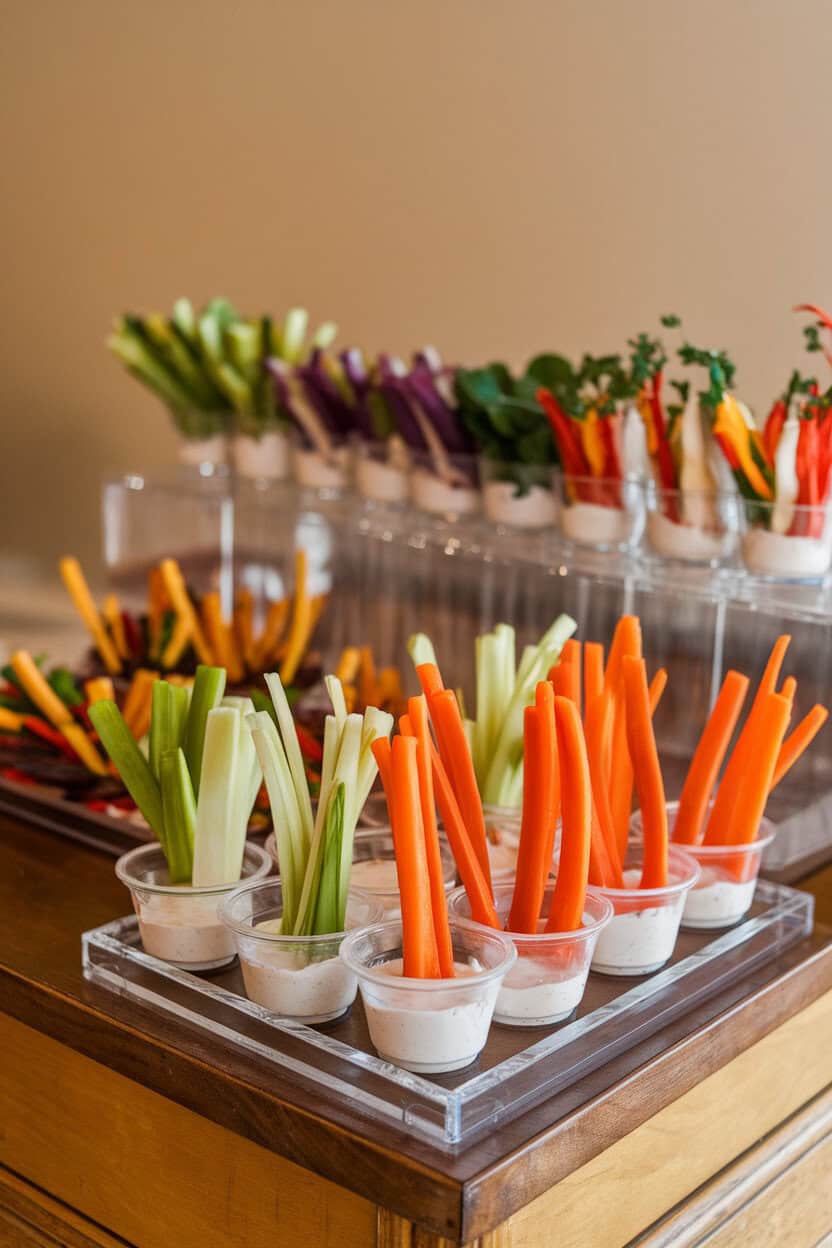 An indoor snack station with individual clear cups holding ranch dip at the bottom and upright veggie sticks arranged like rib bones. Bright overhead lighting; no text or logos.