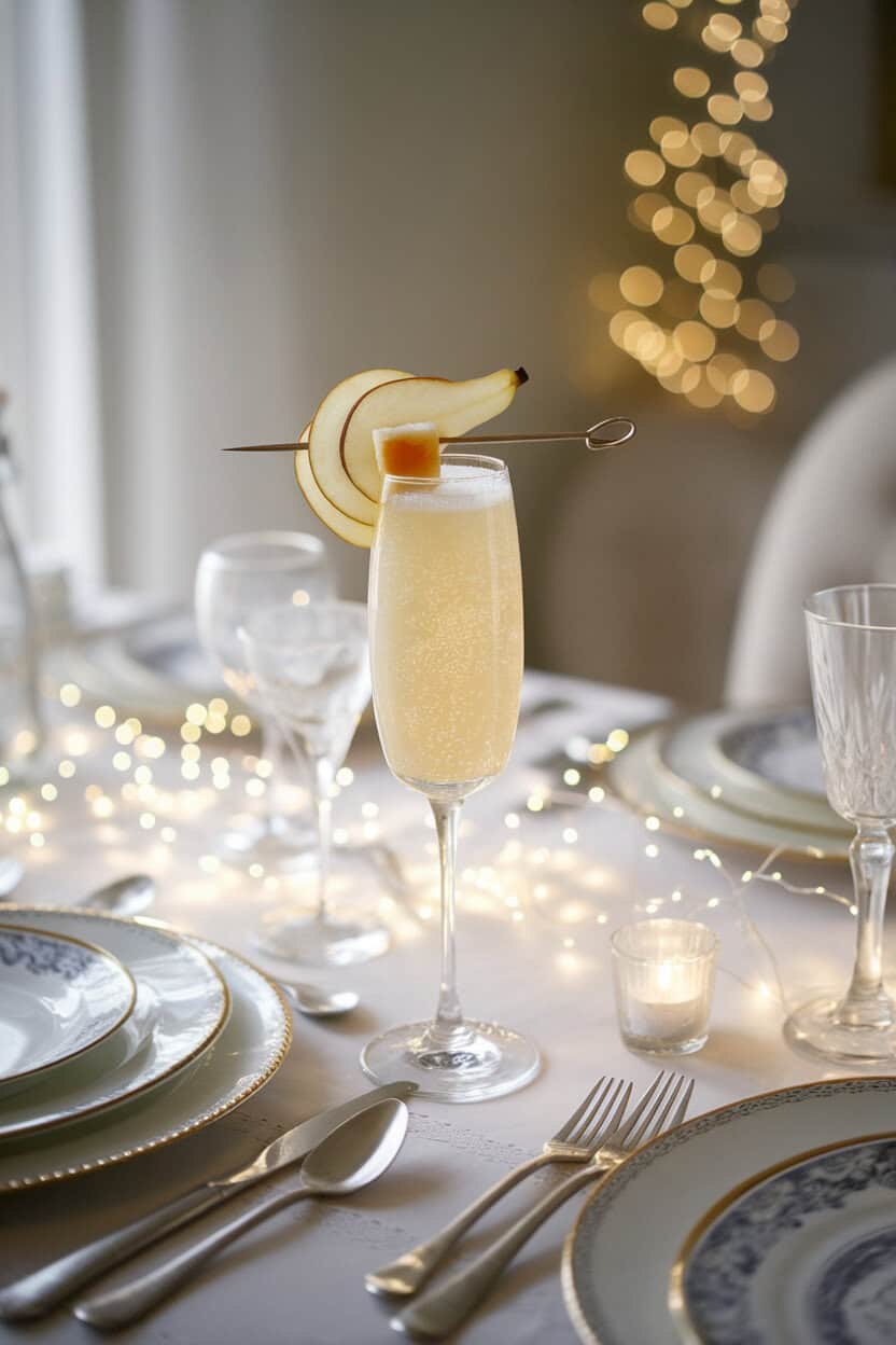 Indoor dining table with a tall flute of pale golden bubbly drink, thin pear slice and candied ginger cube on rim; soft fairy-light glow; no logos