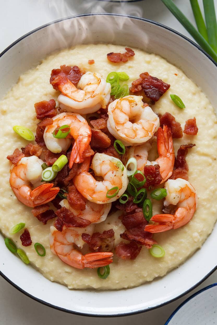 An indoor plate of creamy cheese grits topped with sautéed cooked shrimp, bits of bacon, and green onions, steam just visible. No text or logos. Photo, not illustration.