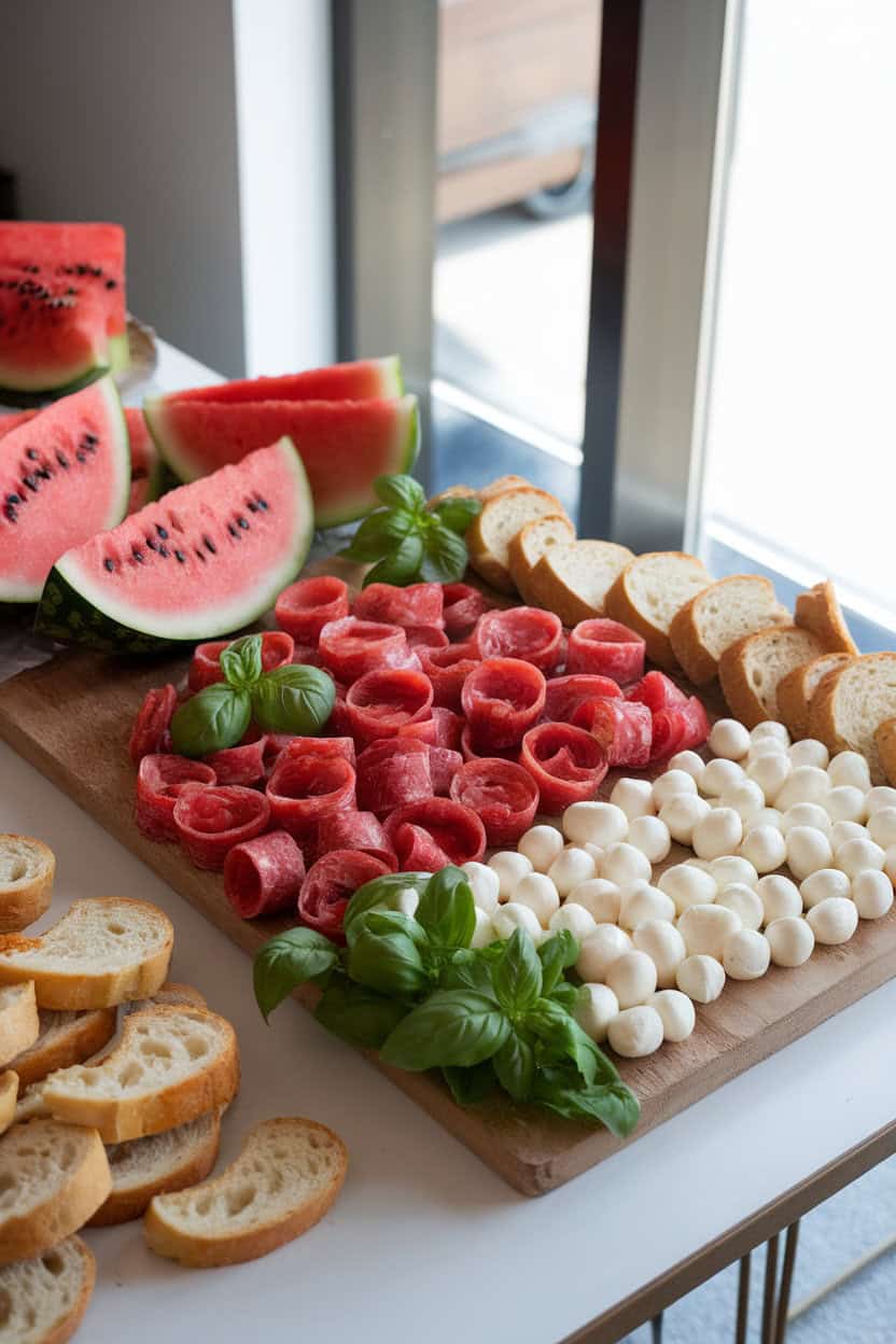 Photo of an indoor table set for packing a picnic board: sliced watermelon, capicola, fresh mozzarella pearls, basil leaves, and baguette coins, bright daylight, no logos.
