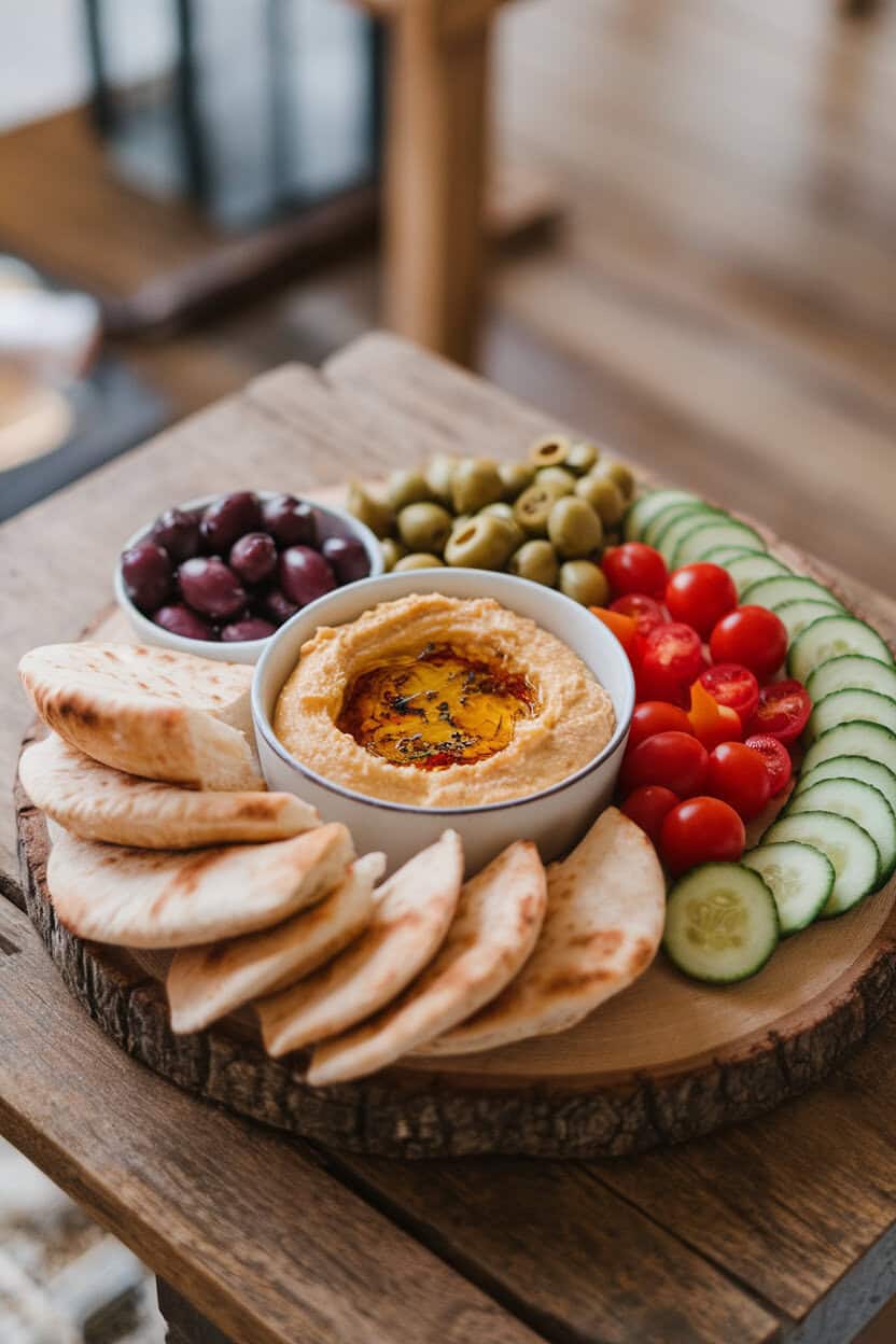 Indoor wooden board neatly arranged with a bowl of hummus, pita wedges, olives, cherry tomatoes, and cucumber slices. No text or logos.