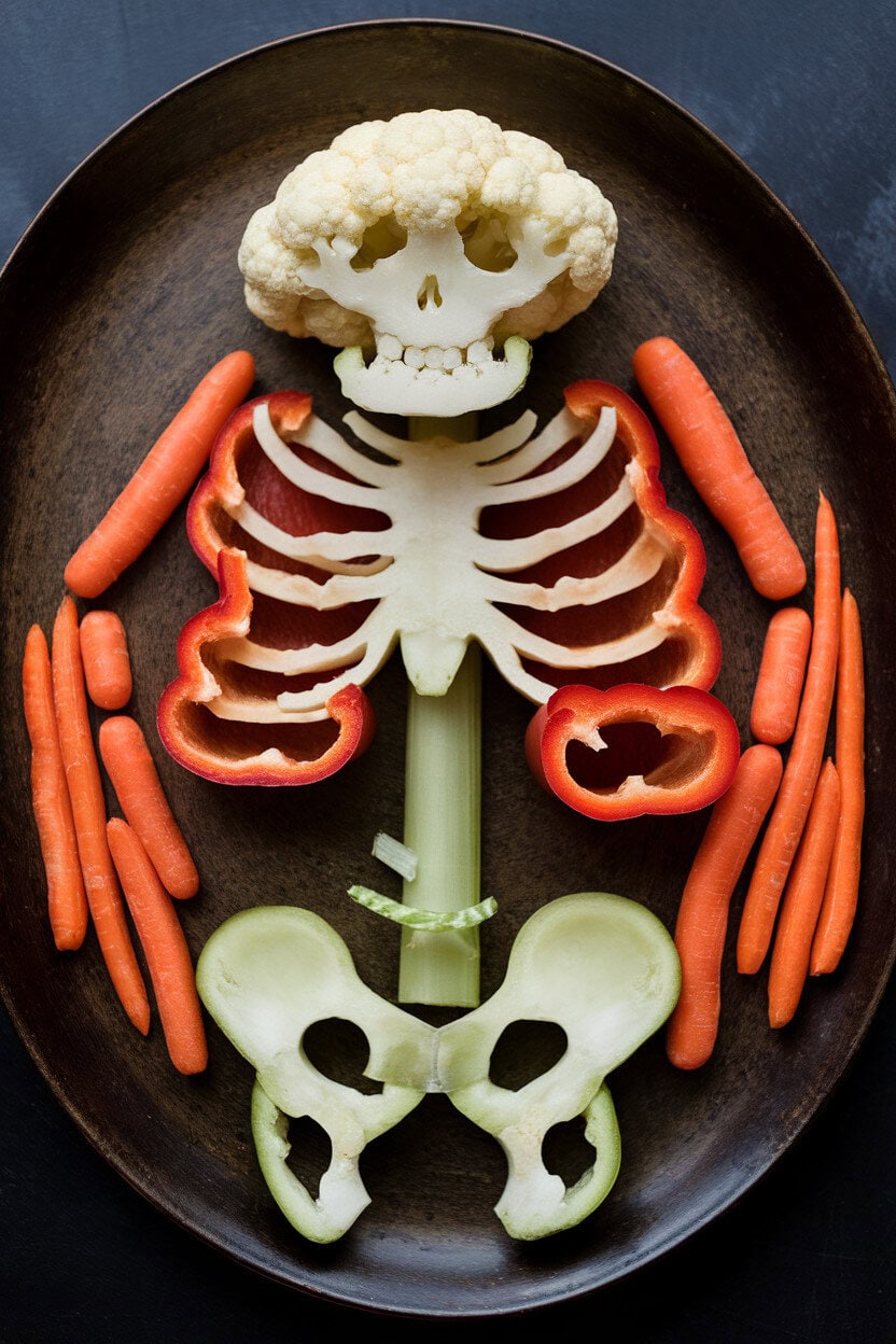 Indoor photo of a vegetable “skeleton” made from sliced bell peppers for ribs, baby carrot limbs, a cauliflower head, and celery spine on a dark platter. No text or logos.
