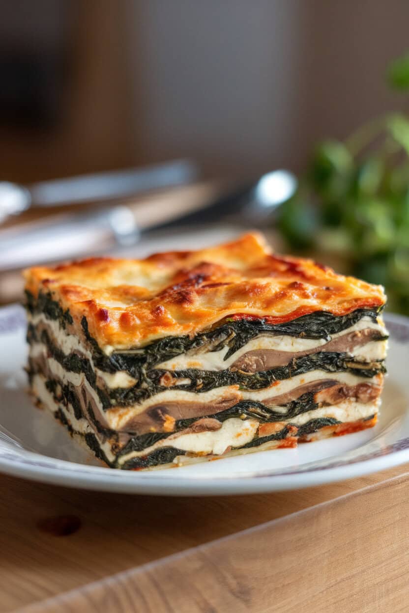 Indoor photo of a slice of vegetable lasagna on a plate, layers of spinach, mushrooms, and ricotta visible. No text or logos. Photo, not illustration.