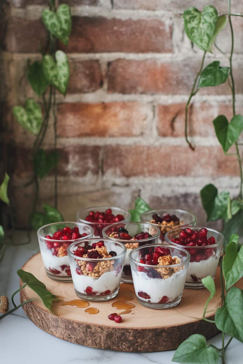 Indoor photo of small glass bowls of Greek yogurt, cranberry-almond granola clusters, fresh pomegranate arils, and honey drizzle, arranged on a breakfast board. No text or logos. Photo, not illustration.