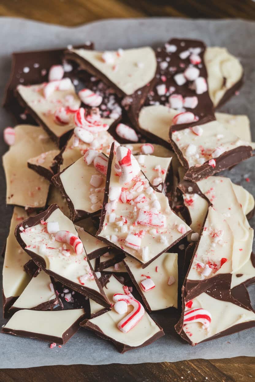 A sheet of dark and white chocolate bark indoors, broken into irregular pieces with crushed candy cane sprinkled on top. No branding or text.