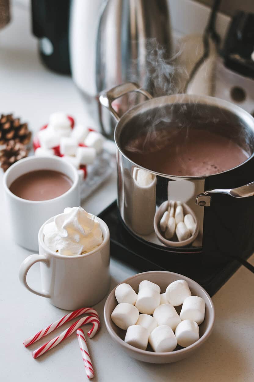 An indoor countertop setup with a steaming pot of cocoa, mugs, whipped cream, marshmallows, and candy cane stirrers; photo, no text or logos.
