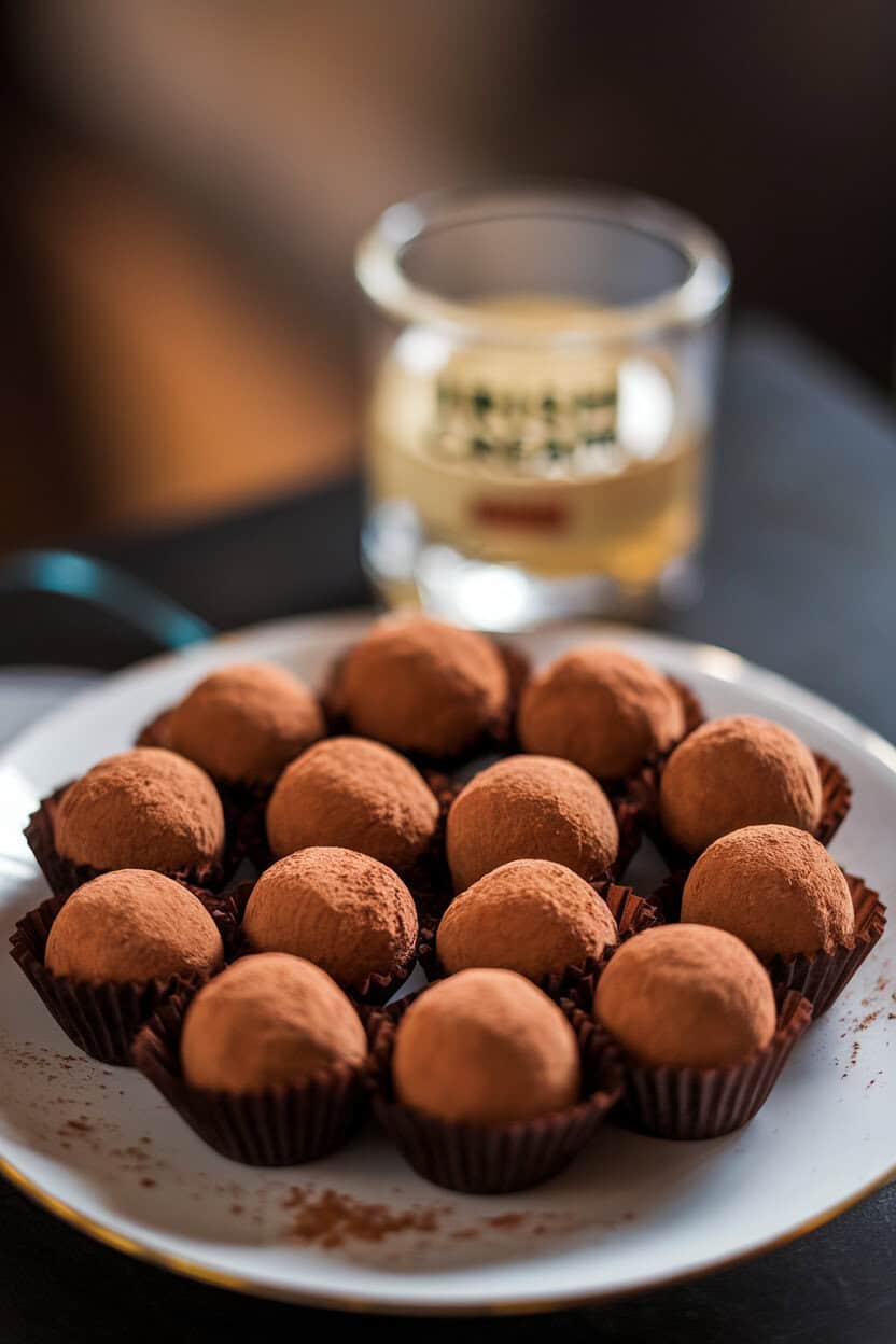 Indoor close-up of chocolate truffles dusted with cocoa powder, a small glass of Irish cream liqueur blurred in the background. No text or logos. Photo, not illustration.