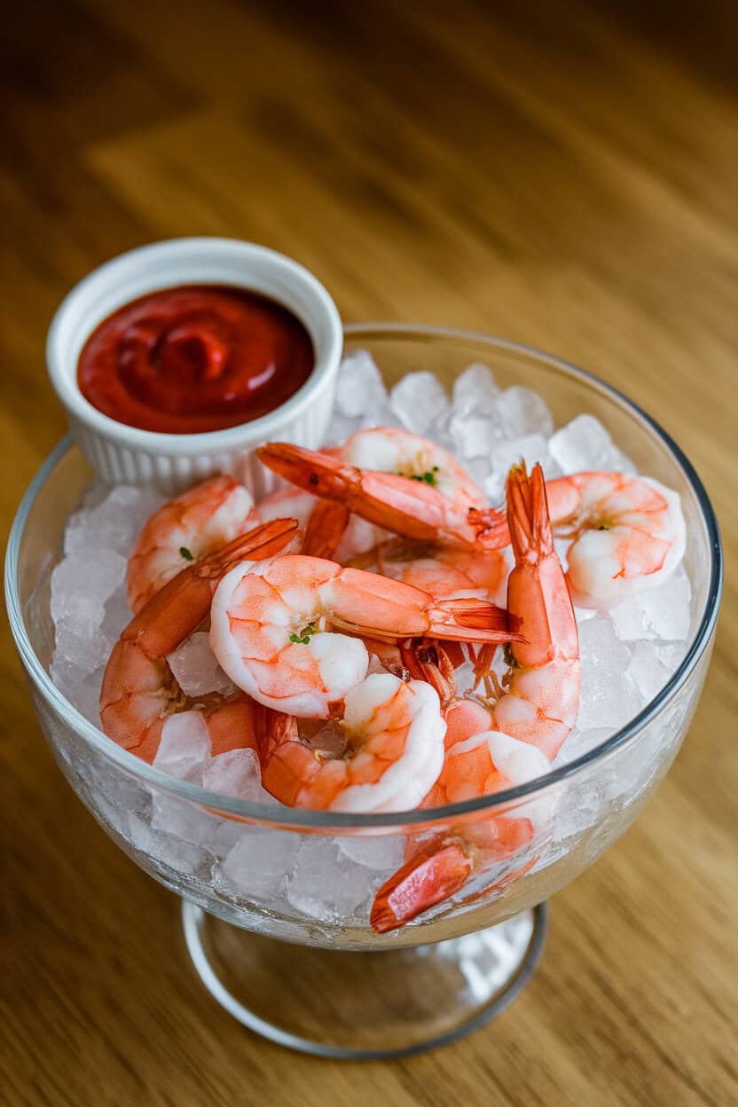 A chilled glass bowl indoors holding cooked pink shrimp on crushed ice with a small ramekin of red cocktail sauce. No text or logos.