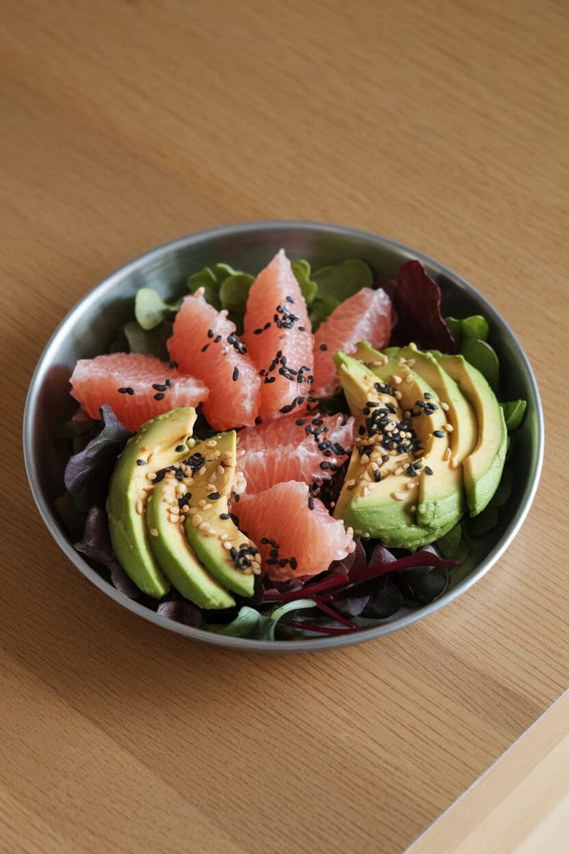 An indoor table set with a shallow dish showcasing buttery avocado slices, pink grapefruit segments, and mixed greens, sprinkled with toasted sesame seeds. No text or logos; photo, not illustration.