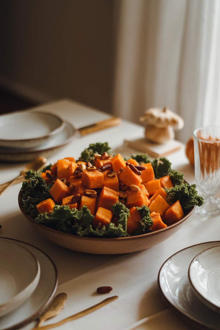 An indoor dining table softly lit with autumnal tones, showcasing a wide bowl filled with cubed roasted butternut squash, emerald baby kale leaves, toasted pepitas, and a light drizzle of vinaigrette. No text or logos anywhere in the scene; photo, not illustration.