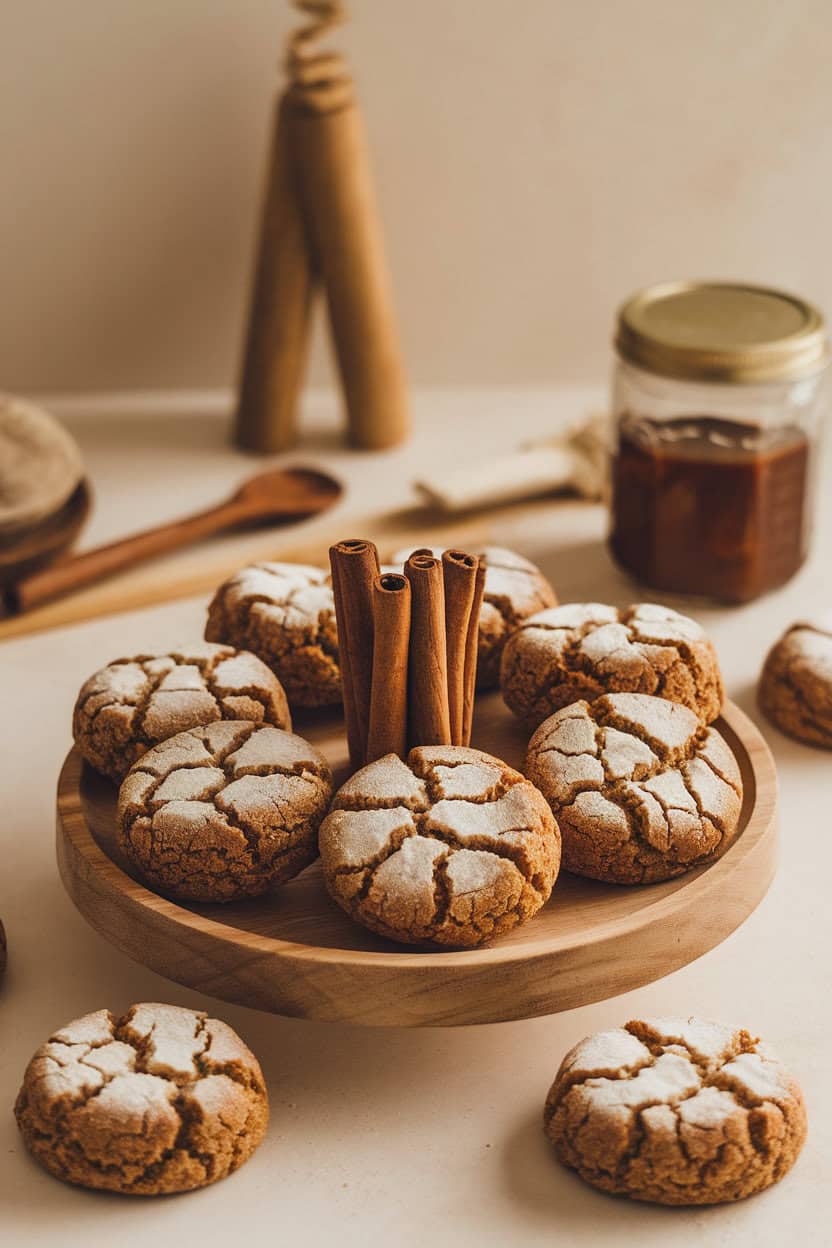 An indoor photo of soft molasses cookies with crackled tops, arranged around a cinnamon stick centerpiece on a wooden plate. No text or logos visible.