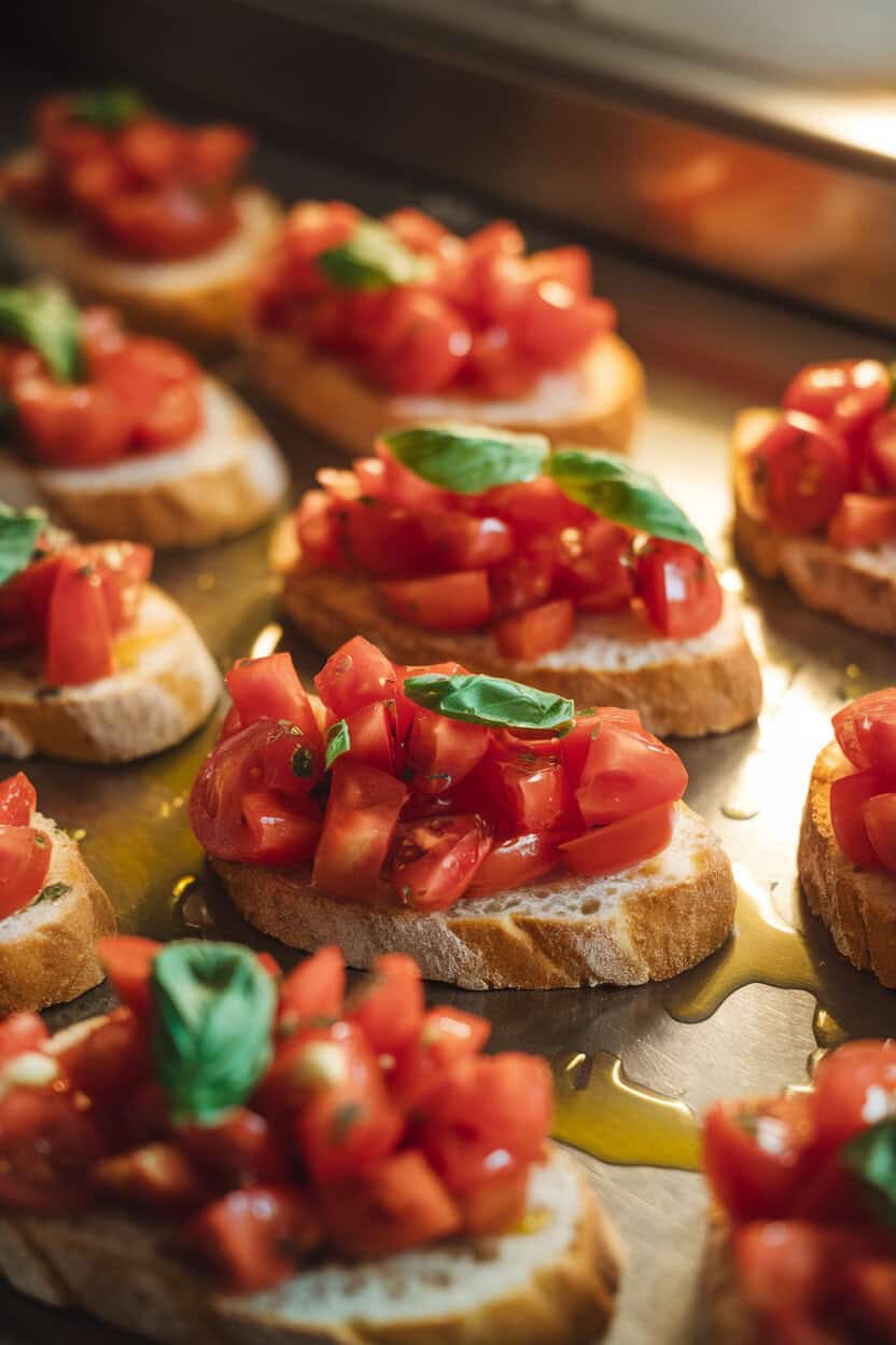 An indoor kitchen counter photo of diced tomatoes and basil piled high on garlic-rubbed crostini, olive oil glistening under warm lights. No text or logos present.