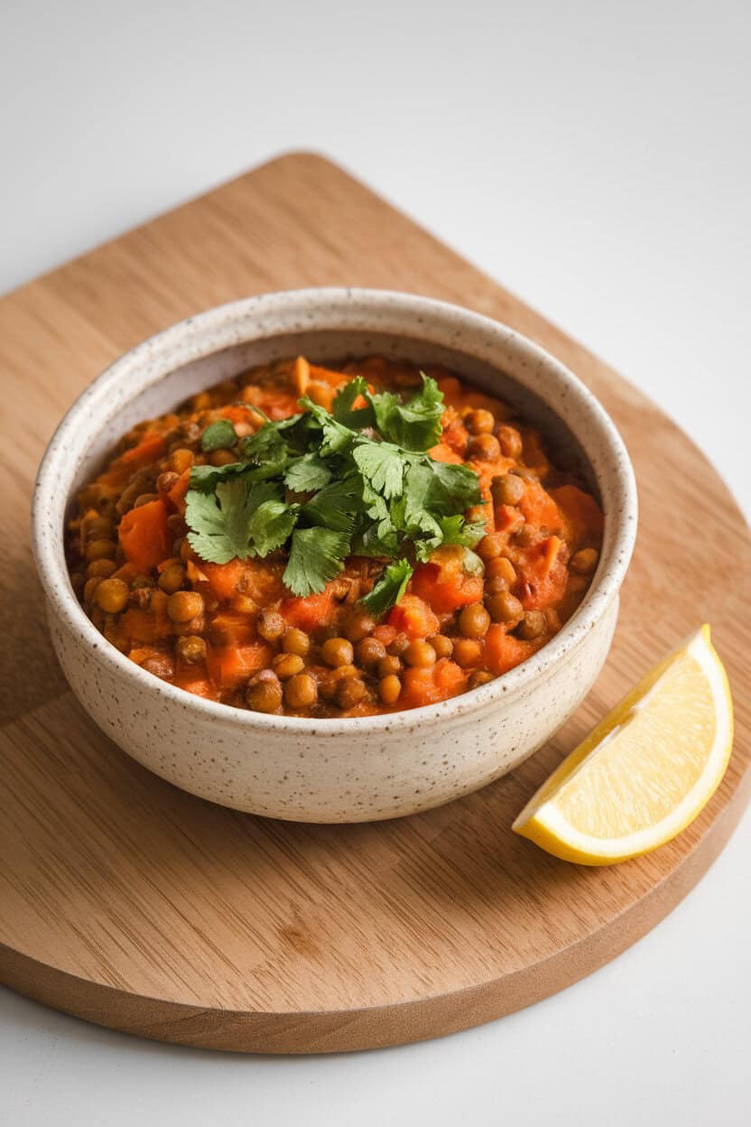 Photo of an indoor ceramic bowl filled with spiced lentil and carrot stew, garnished with chopped cilantro and a wedge of lemon. No text or logos.
