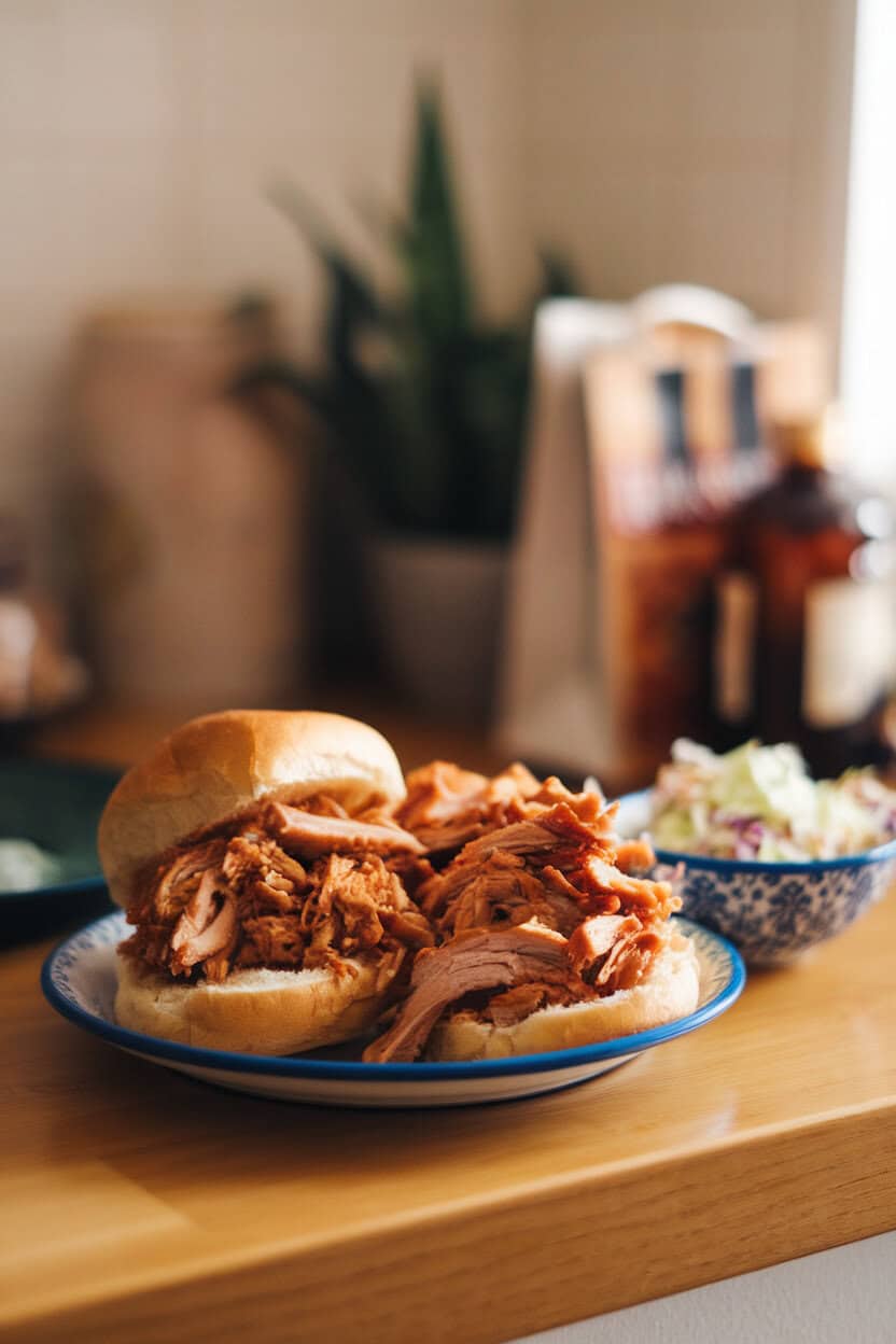 A cozy indoor countertop featuring shredded barbecue chicken piled onto soft buns, with a small bowl of coleslaw alongside. Photo only, no text or logos.