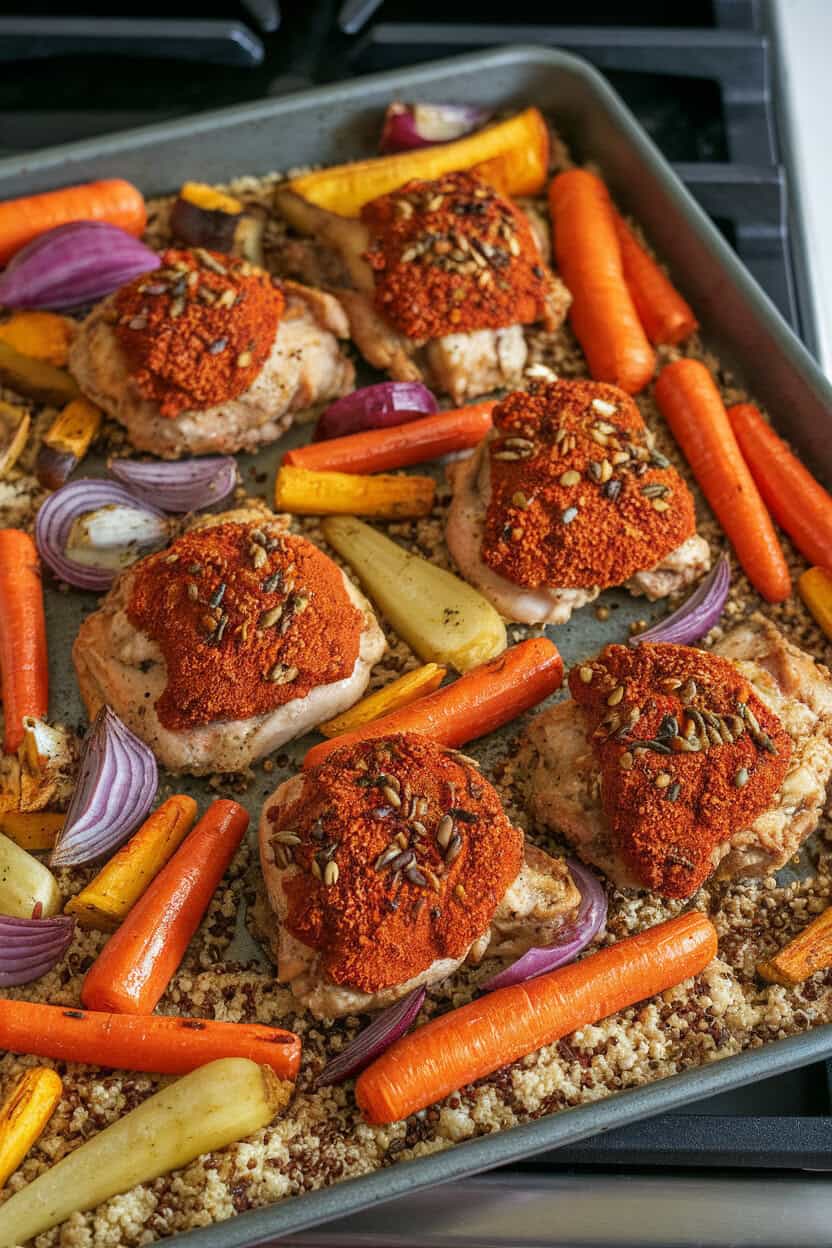Photo of a sheet pan on an indoor stovetop loaded with cooked chicken thighs coated in harissa and roasted carrots, parsnips, and red onions. No text or logos.