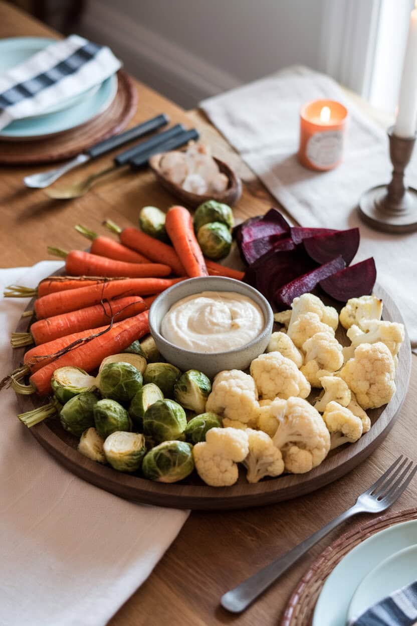 Cozy indoor photo showing roasted carrots, Brussels sprouts, beet wedges, and cauliflower florets lined up in color blocks on a wooden platter, with garlic aioli in the center. No text or logos.