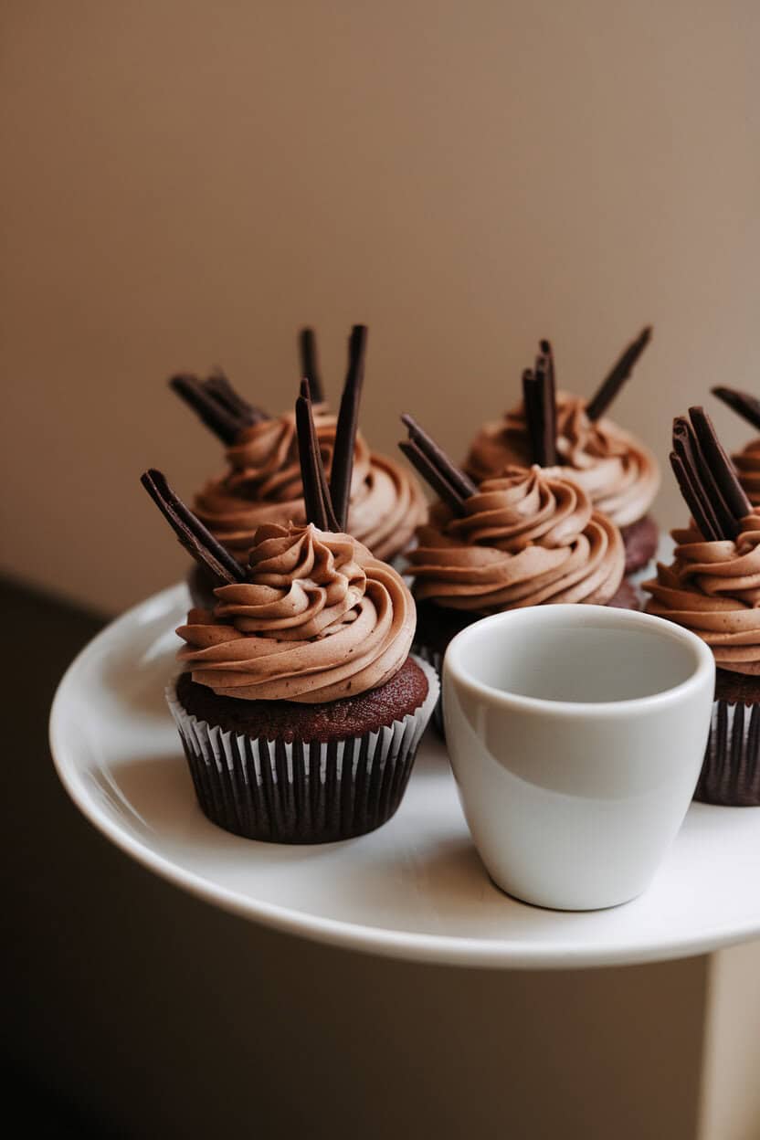Indoor photo of mocha cupcakes topped with espresso buttercream and dark chocolate curls, set beside a plain white espresso cup for ambiance. No logos, no text.