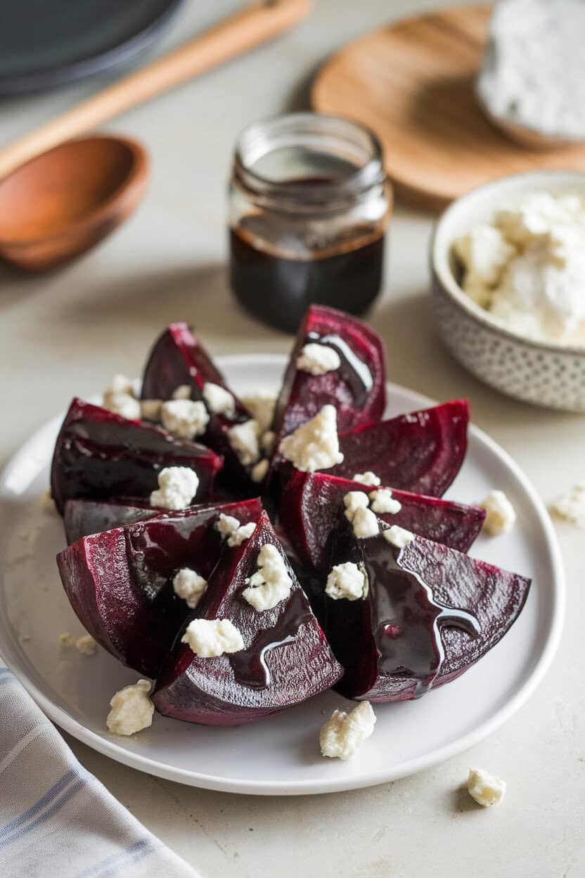 A white platter on an indoor table holding jewel-toned beet wedges glistening with balsamic glaze and sprinkled with goat cheese crumbles. No visible text or logos. Photo.</Prompt