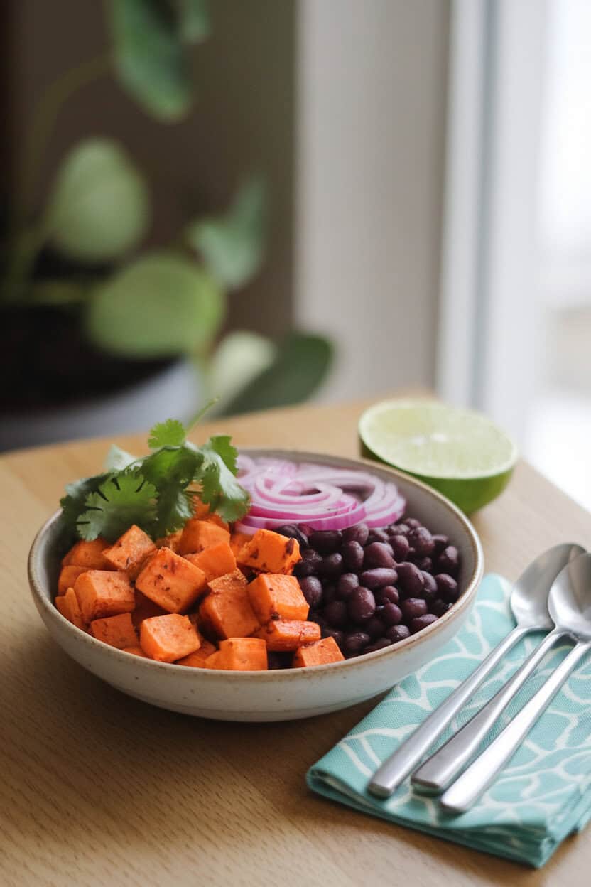 An indoor dining scene with a bowl of roasted sweet potato cubes, black beans, red onion, cilantro, and a lime-cumin dressing. No text or logos; photo, not illustration.