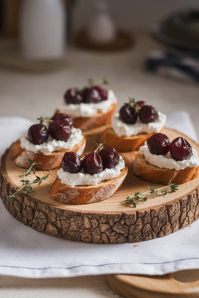 Indoor serving board with rustic toasts topped by creamy ricotta and roasted purple grapes, thyme leaves scattered—soft lighting, no text or logos.
