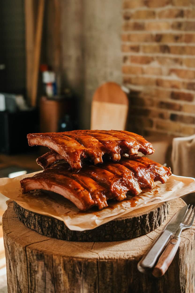Photo, not illustration — indoor serving board stacked with glazed pork ribs shining under warm light, bone ends wrapped in parchment; no text or logos