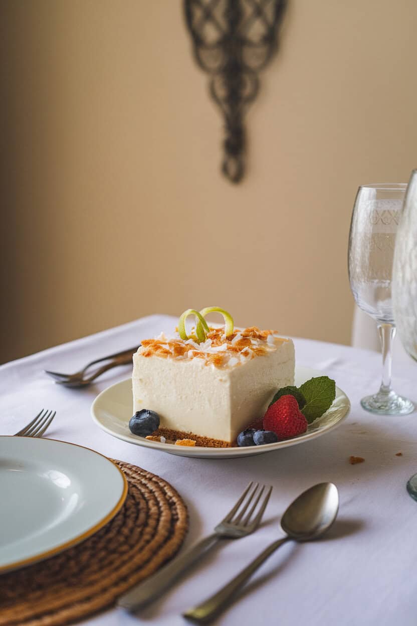 An indoor dining table featuring a chilled square of tres leches cake topped with toasted coconut flakes and a lime zest curl. Photo only; no text or logos.