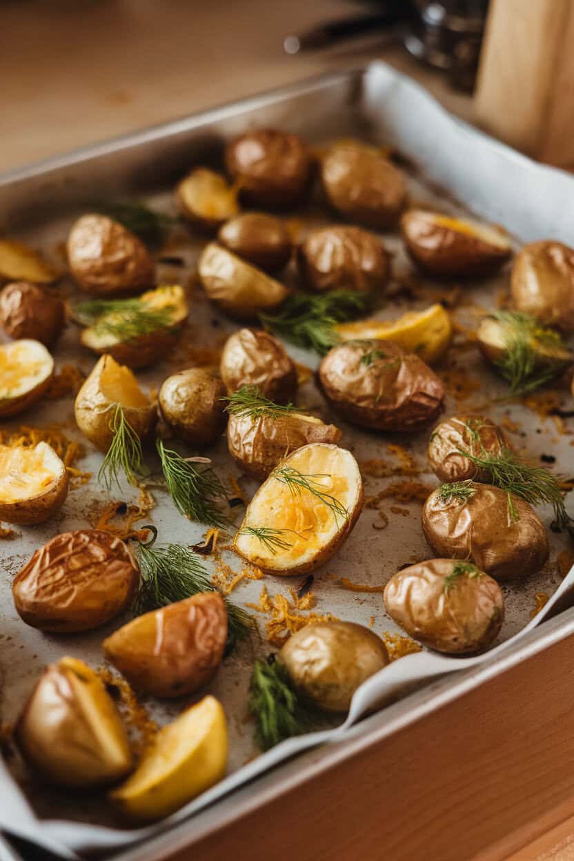 Photo of an indoor baking sheet piled with roasted fingerling potatoes tossed in fresh dill and lemon zest, no text or logos present.