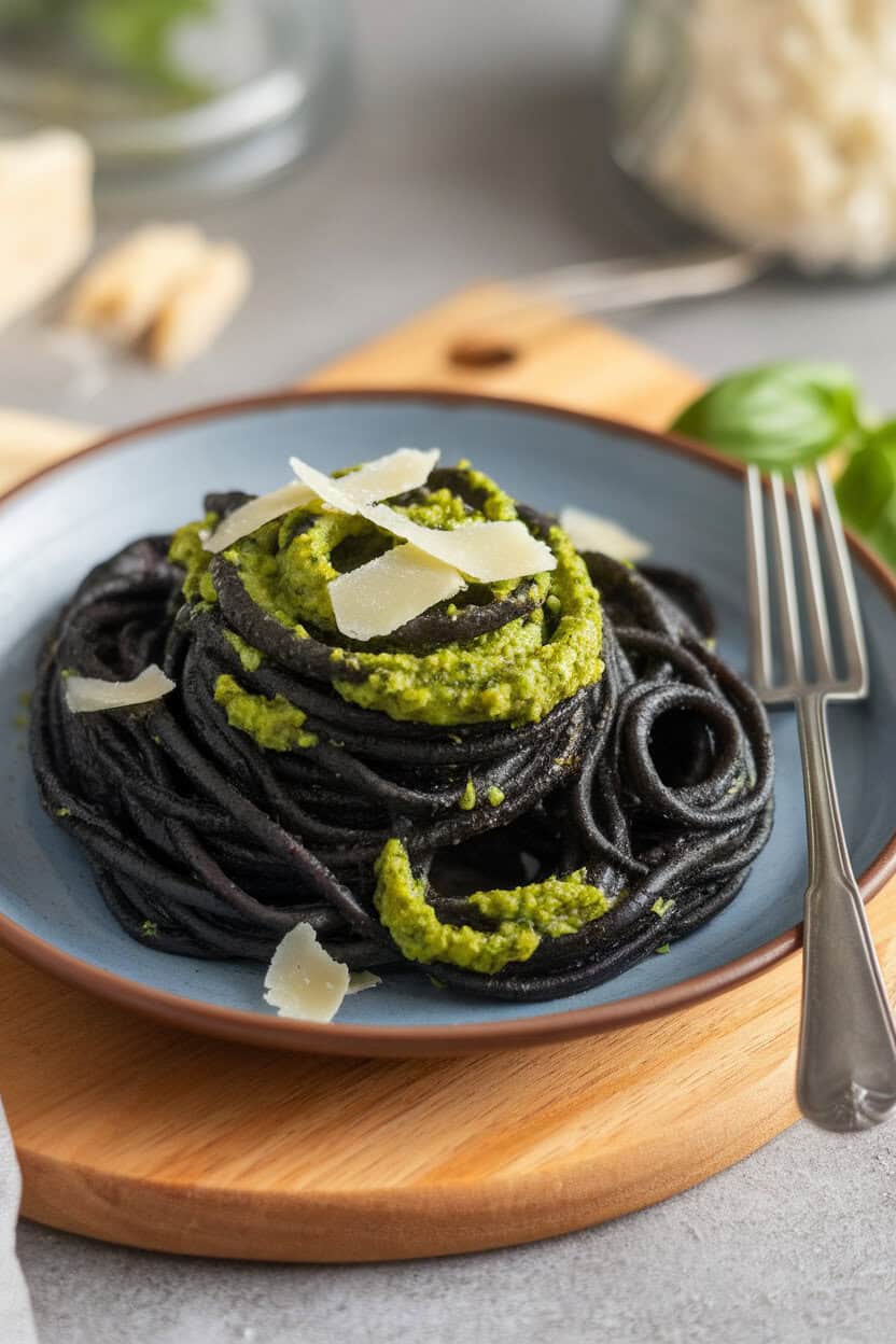 Photo, not illustration — indoor plate of black squid-ink pasta twirled with bright green basil pesto, parmesan shavings on top; soft dinner lighting, no text or logos