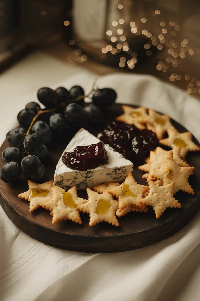 Indoor photo of a dark board with gorgonzola, black grapes, fig jam, and star-shaped crackers lightly brushed with olive oil. Soft twinkle-light ambiance; no text or logos. Photo, not illustration.