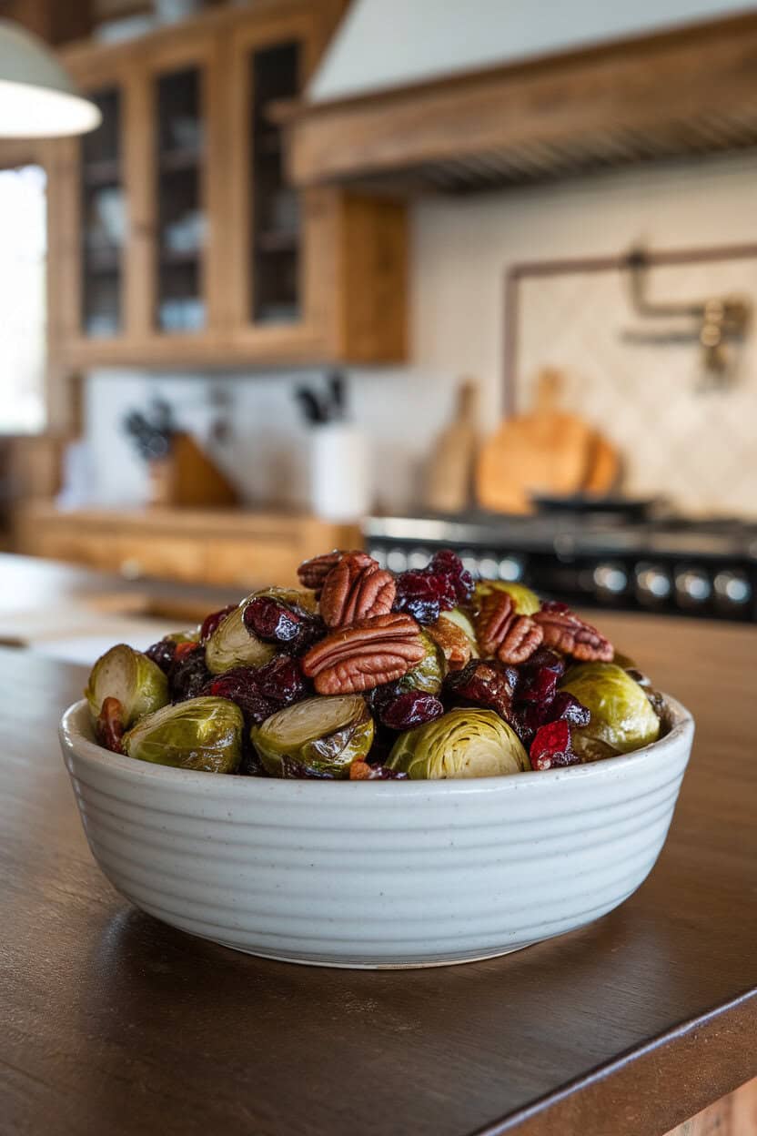 A white ceramic bowl on an indoor kitchen island filled with cooked, caramelized Brussels sprouts, dried cranberries, and toasted pecans glistening in maple glaze. No text or logos. Photo, not an illustration.