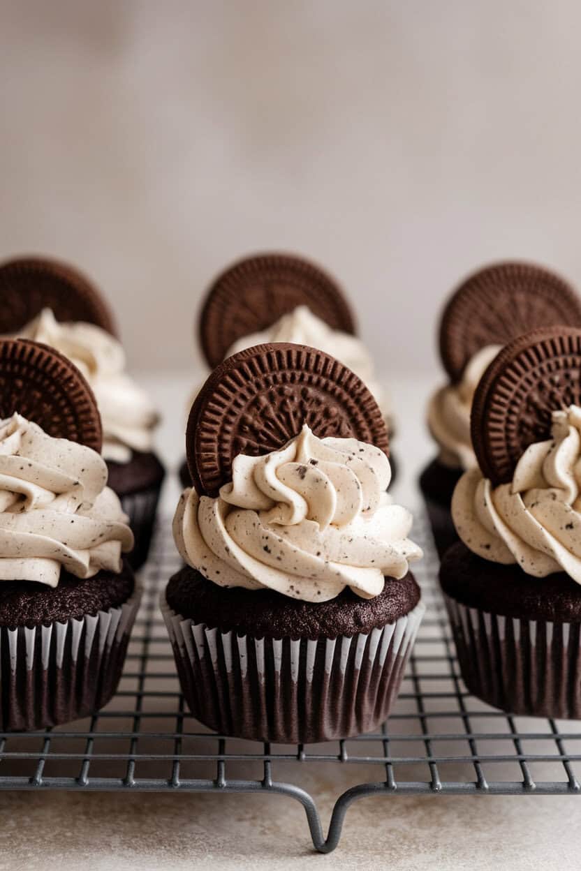 Indoor photo of chocolate cupcakes topped with speckled cookies-and-cream frosting and a mini chocolate sandwich cookie angled on top, shot against a neutral background. No logos or text.