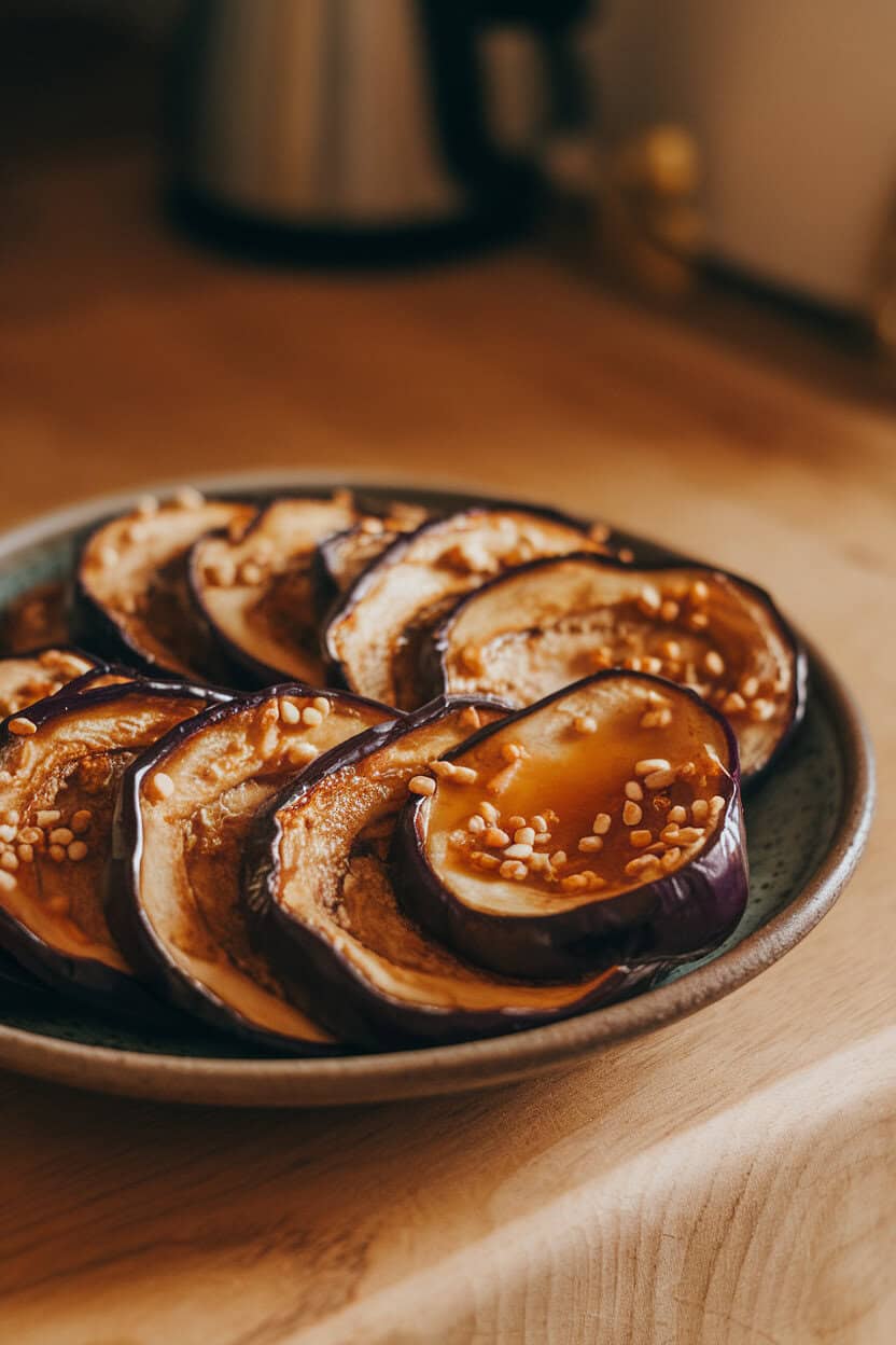 Slices of roasted eggplant brushed with miso-maple glaze arranged on a ceramic plate under warm indoor lighting. No logos; photo, not illustration.