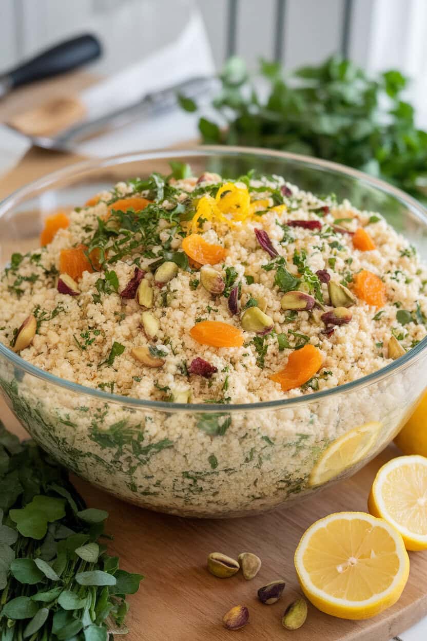 An indoor salad bowl brimming with fluffy couscous mixed with chopped herbs, lemon zest, dried apricots, and pistachios. No text or logos. Photo, not an illustration.