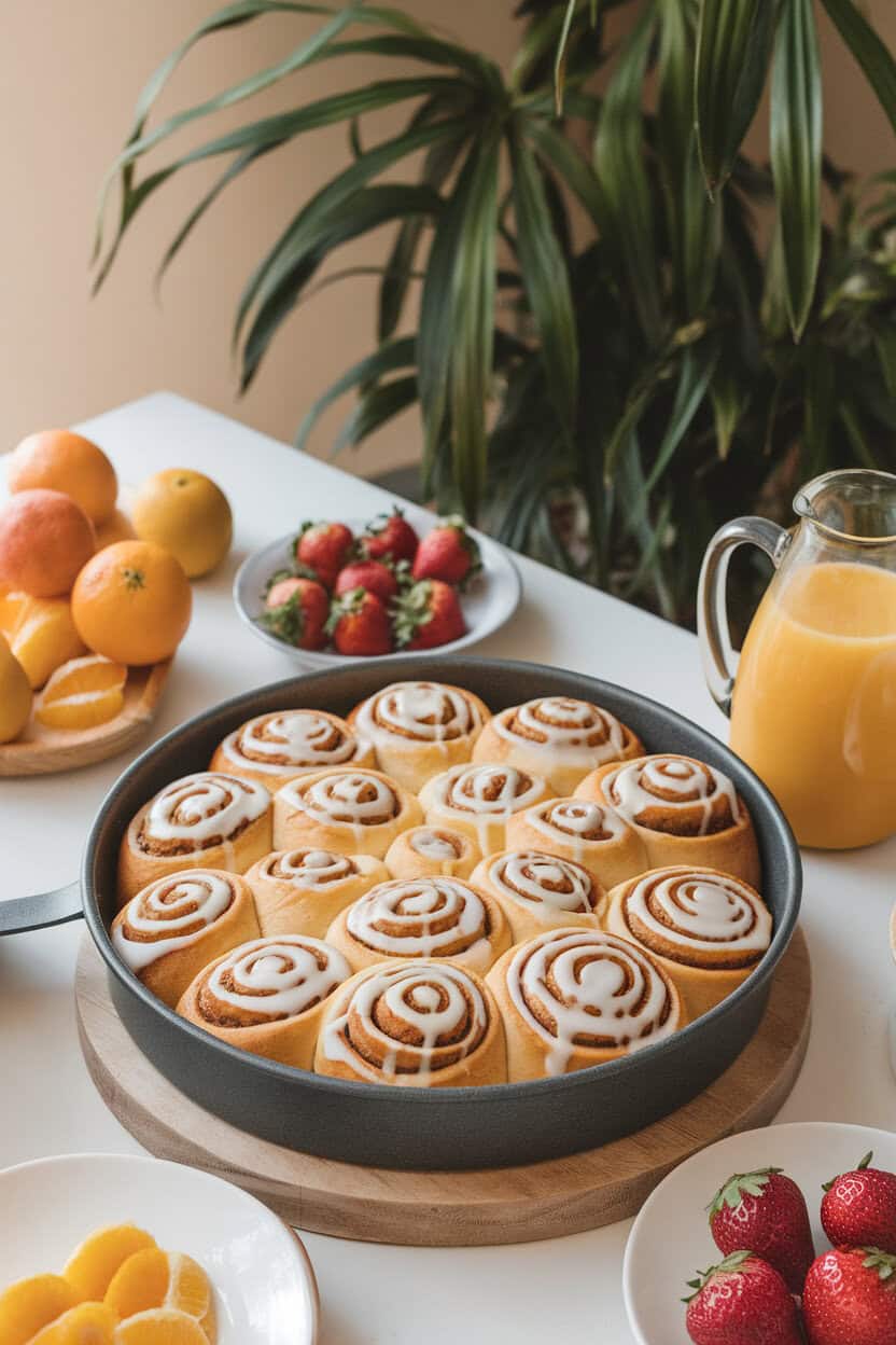 An indoor brunch table with a round pan of pumpkin spice cinnamon rolls drizzled generously with cream cheese icing, swirl pattern prominent. No text or logos. Photo, not illustration.