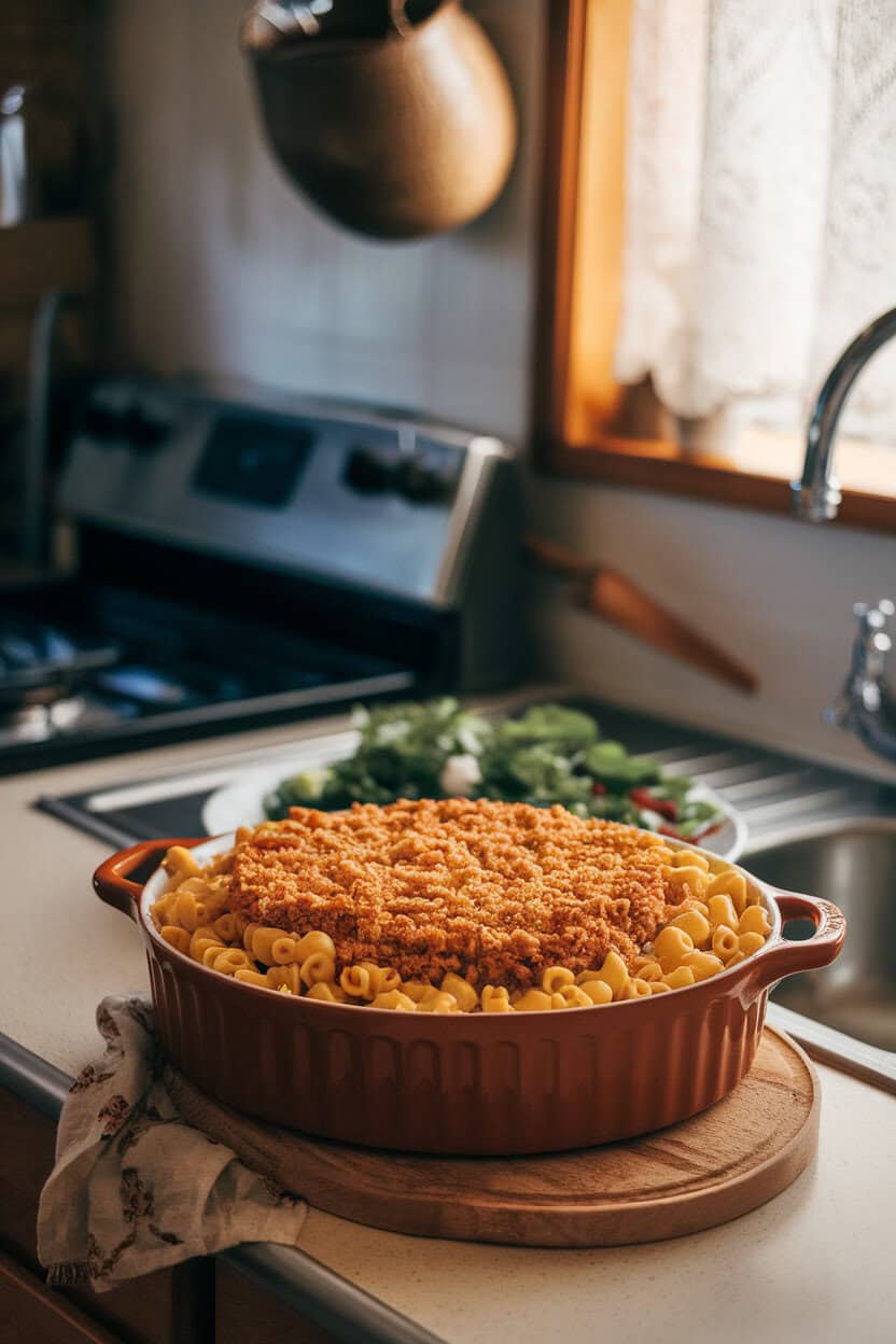 A casserole dish on an indoor counter overflowing with elbow pasta coated in creamy cheddar sauce, crowned with a browned breadcrumb crust. No text or logos present. Photo.</Prompt