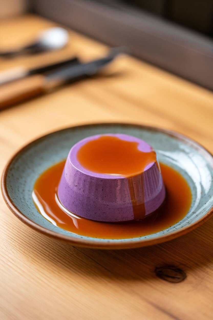 Photo prompt: Indoor ceramic plate featuring a vibrant purple custard flan with caramel sauce puddling around, no text or logos.