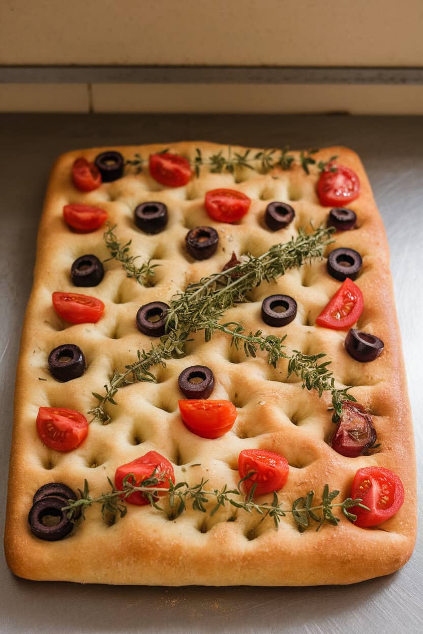 An indoor baker’s table with rectangular focaccia topped with herb sprigs, olive slices, and tomato pieces arranged like arcane symbols. No text or logos; photo.