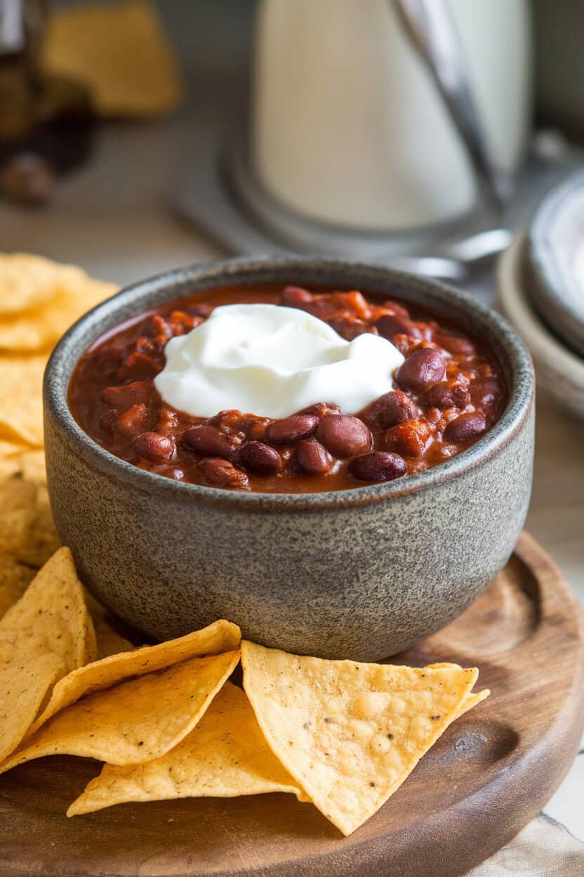 Indoor photo of a stoneware bowl featuring dark chipotle black bean chili, a dollop of sour cream melting on top; no text or logos