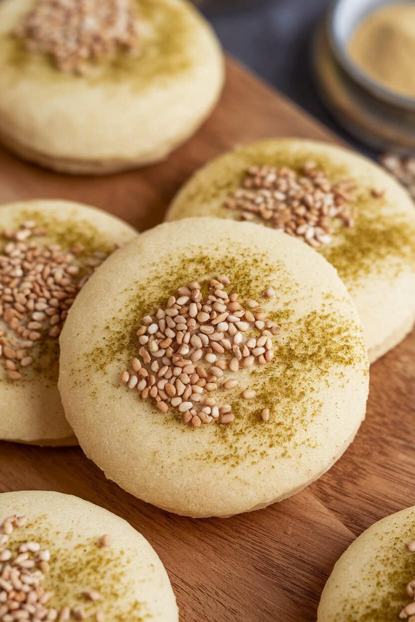 Close-up indoor photo of round Middle Eastern shortbread cookies topped with toasted sesame seeds, light cardamom dusting visible. No text or logos.