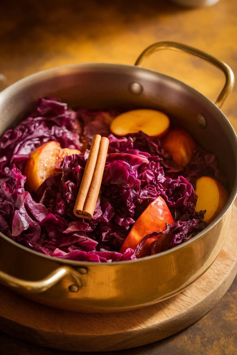 Indoor saucepan filled with braised red cabbage and apple slices, cinnamon stick visible. Warm lighting; no text or logos. Photo only.