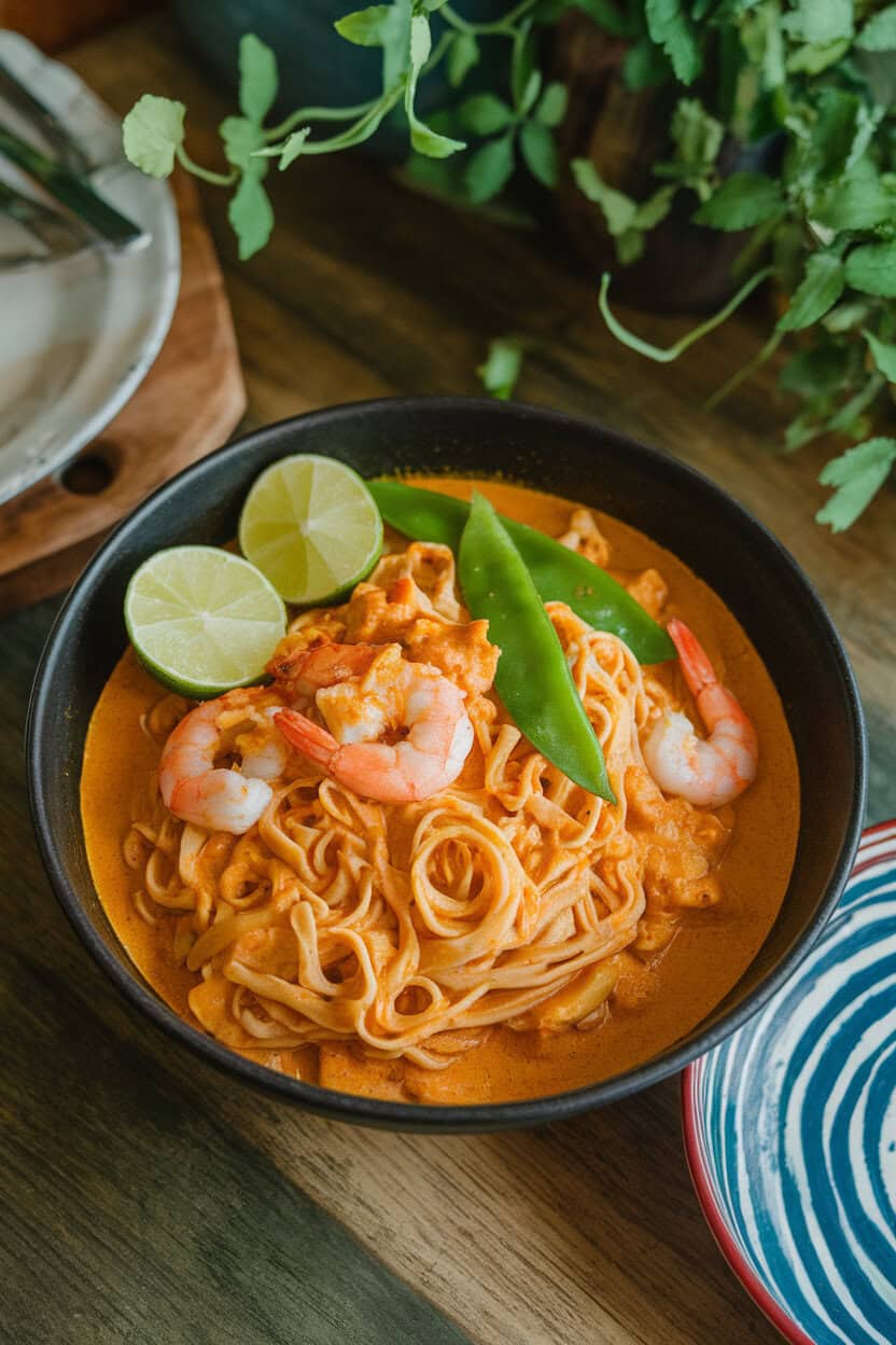 Indoor table setting featuring a deep bowl of coconut curry noodles—rice noodles bathed in golden curry sauce with shrimp and snow peas—garnished with lime wedges. Photo only, no text or logos.