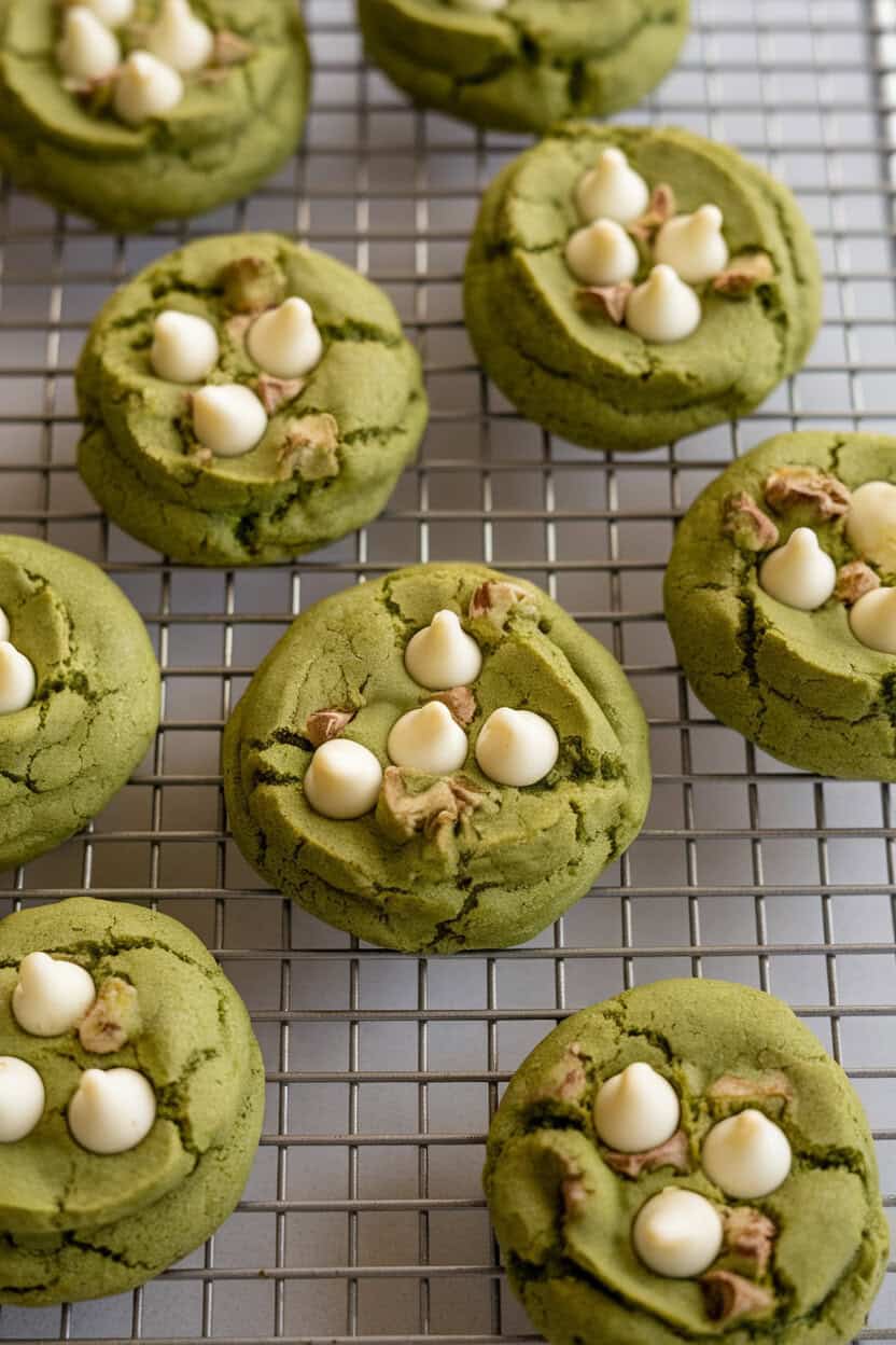Indoor shot of green matcha cookies dotted with melted white-chocolate chips on a wire rack, photographed from a 45-degree angle; no text or logos.