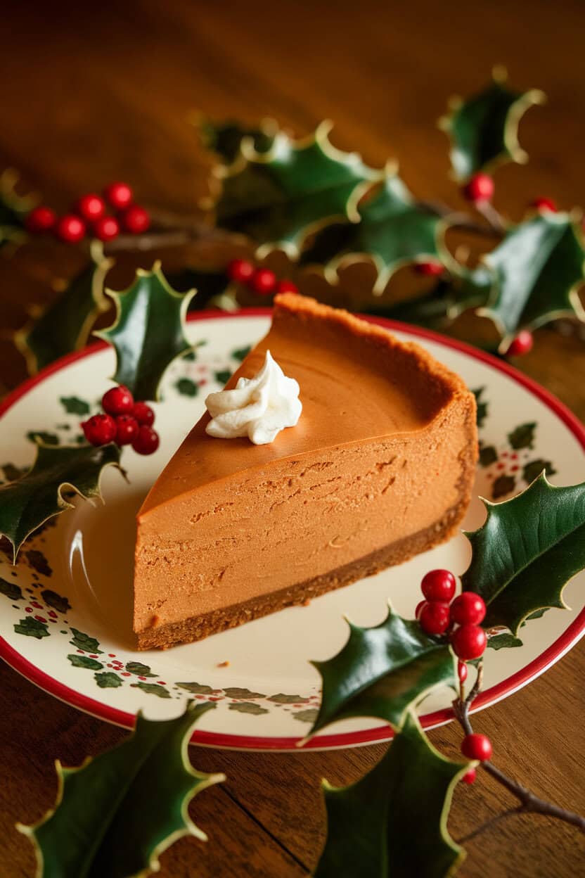 Photo of a slice of gingerbread-spiced cheesecake with gingersnap crust on a festive indoor plate. No text or logos visible.