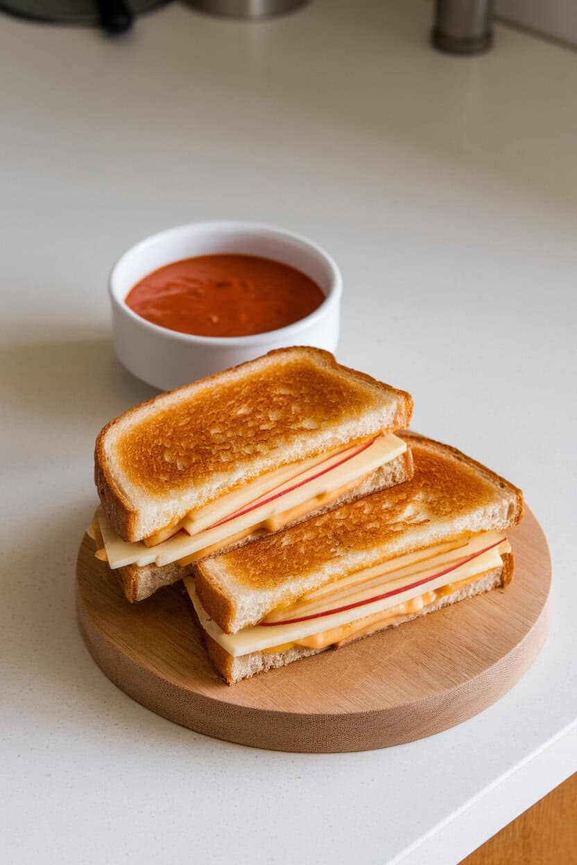 An indoor countertop scene with a golden grilled cheese sandwich cut diagonally, layers of melted Brie and thin apple slices visible inside. A small bowl of tomato soup sits beside the sandwich. No text or logos. Photo only.