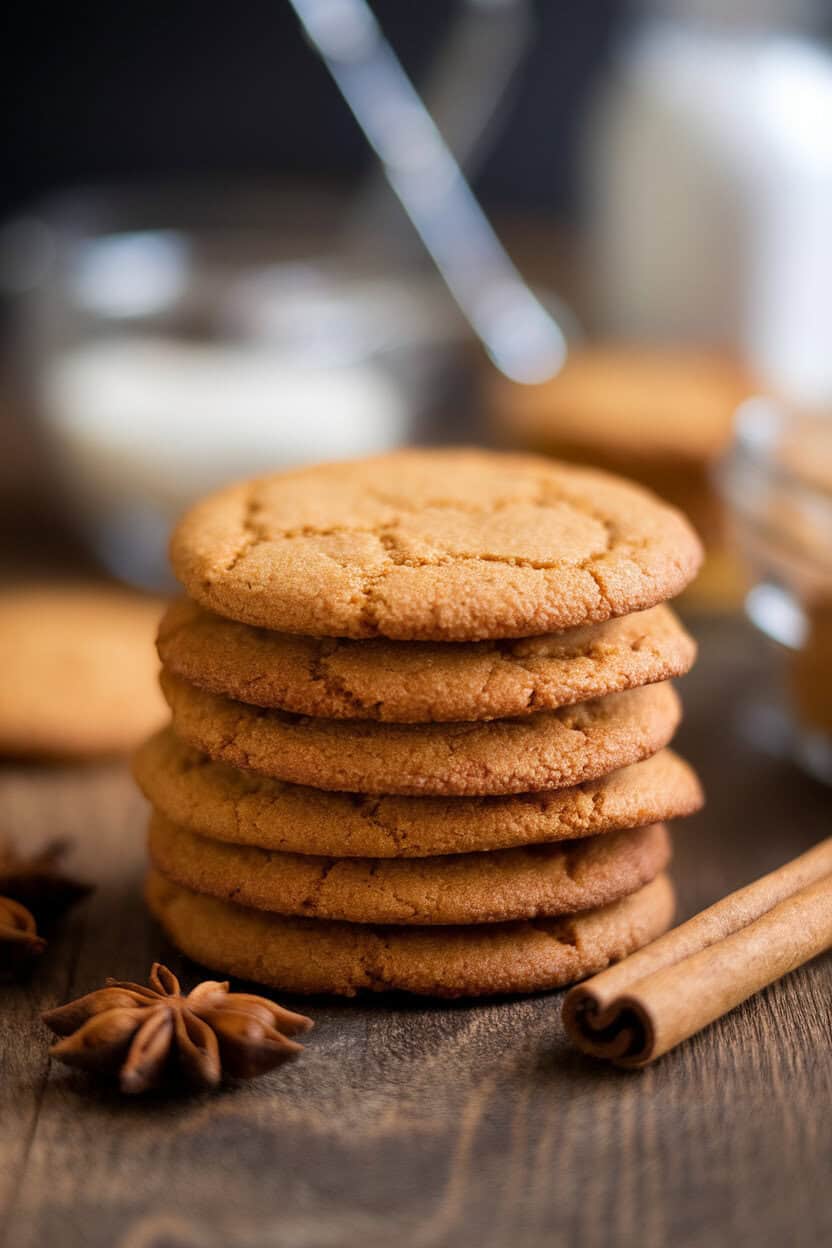 An indoor photo of thin chai-spiced cookies stacked neatly beside a cinnamon stick and star anise on a wooden table. No text or logos.