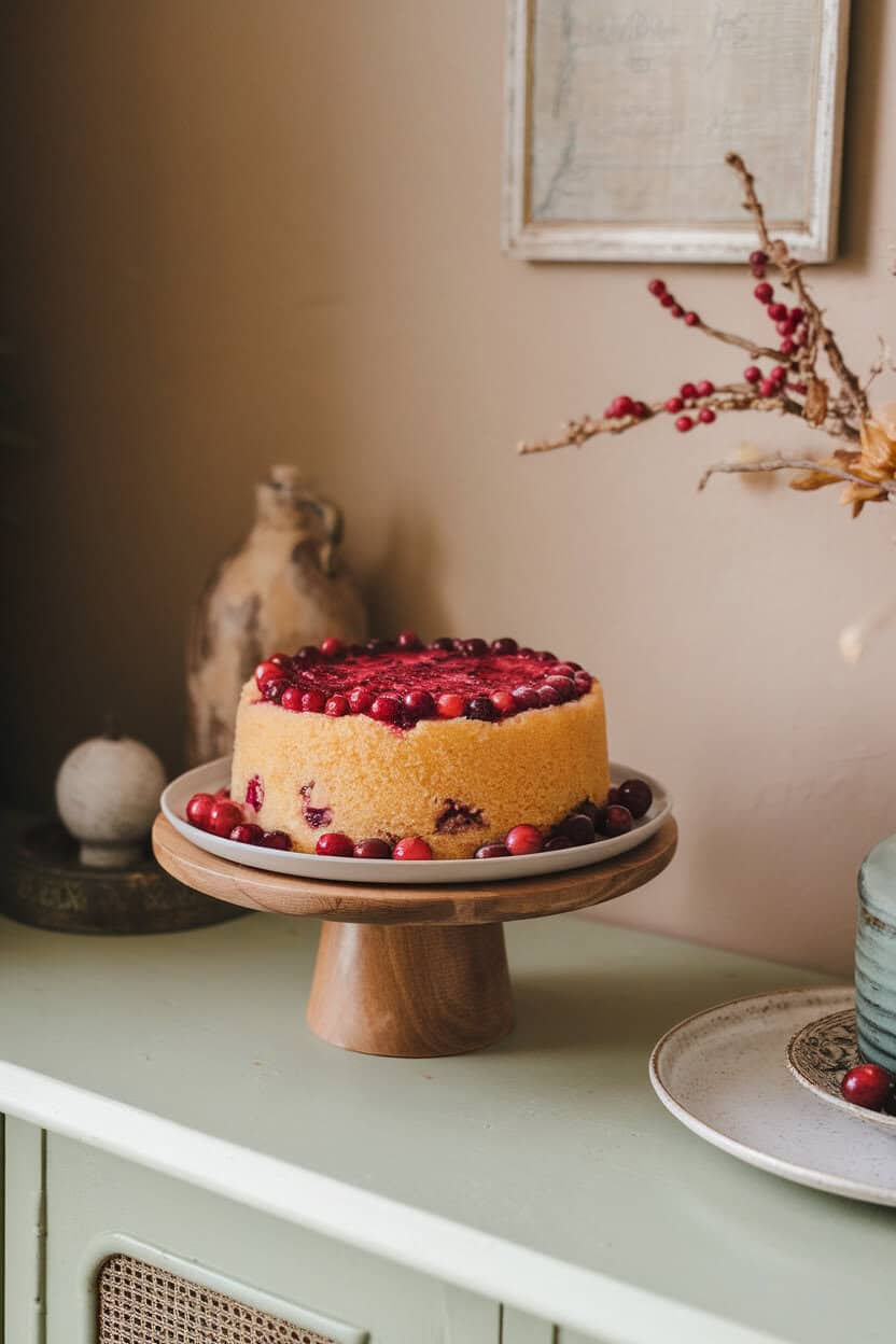 An indoor sideboard with a cranberry upside-down cake, ruby fruit glistening atop a golden butter cake. No text or logos.