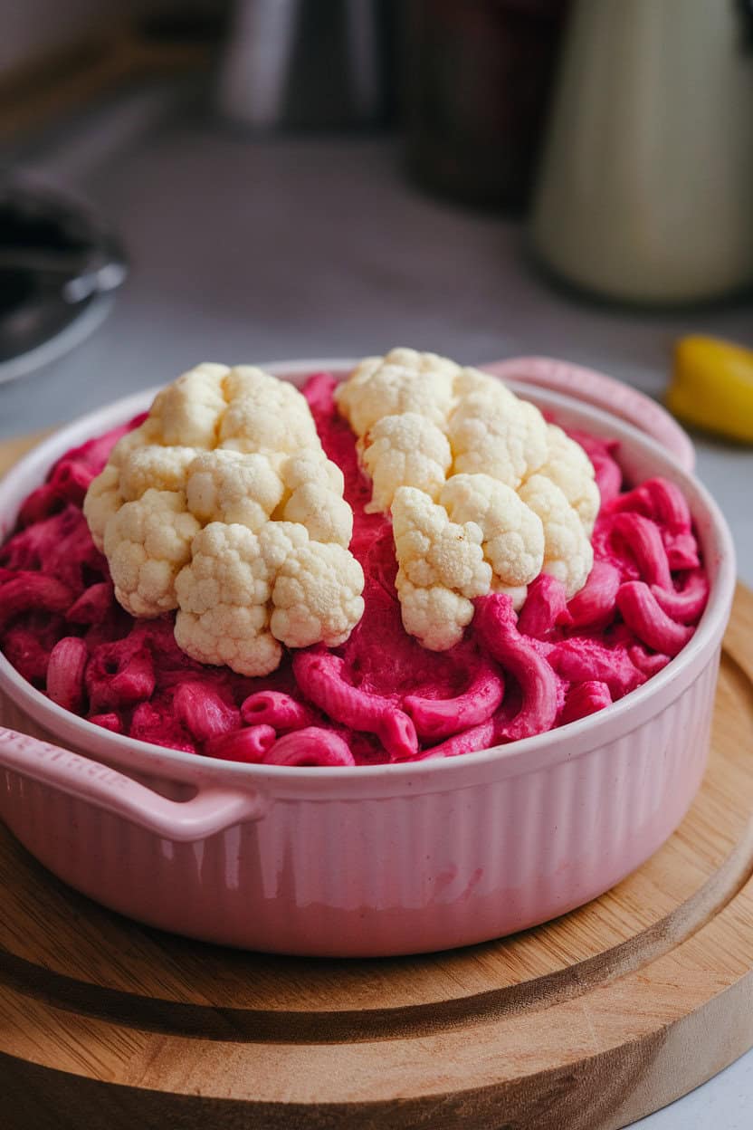 An indoor casserole dish containing baked macaroni and cheese tinted pinkish with beet juice, cauliflower florets arranged to resemble brain folds on top. No text or logos; photograph.