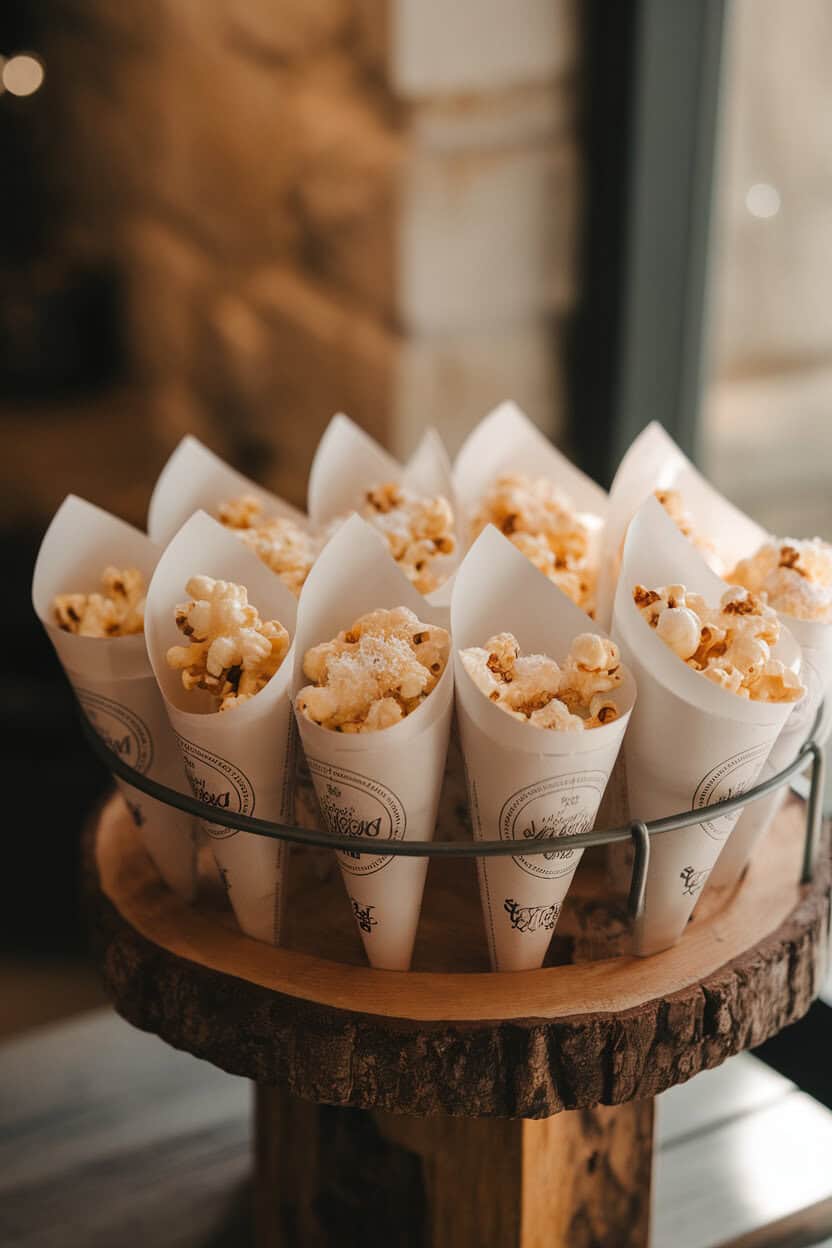 Photo of paper cones indoors filled with truffle-oiled popcorn sprinkled with grated parmesan; arranged upright in a wooden stand, no text or logos