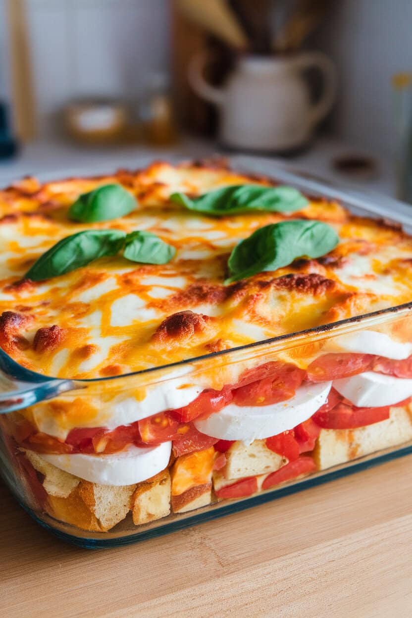 Indoor casserole dish of layered breakfast strata featuring tomatoes, fresh mozzarella, basil ribbons, and cubes of bread, cheese bubbling on top. No text or logos. Photo, not illustration.