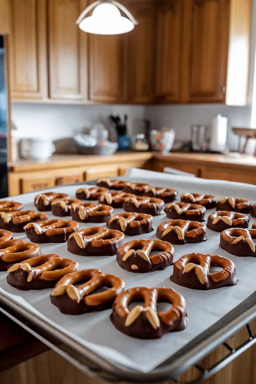 An indoor baking sheet lined with thick pretzel rods dipped in milk chocolate, scored to look like knuckles, and tipped with almond “claws.” No logos or text.